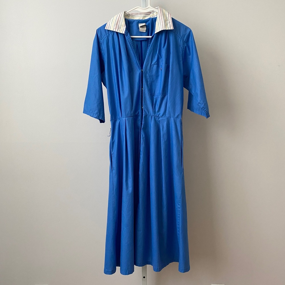 Altogether Fashions Cotton Vintage Retro Mod Striped Collar Shirt Dress L Blue